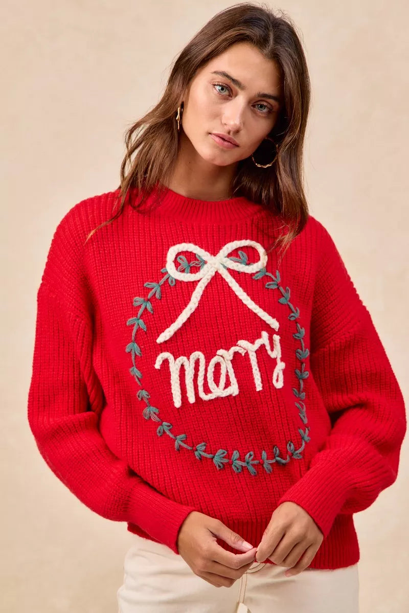 BiBi Christmas Wreath Merry Letter Knit Top in - photo