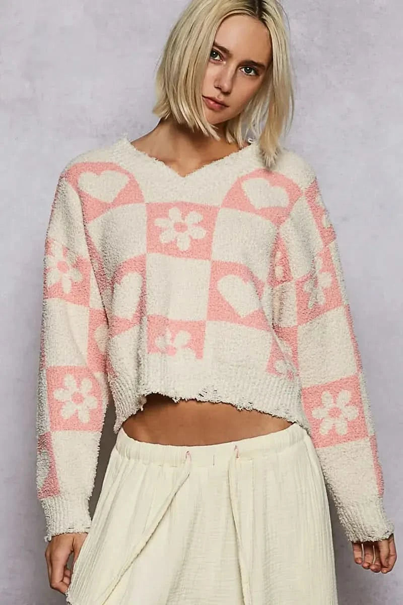 POL V-Neck Heart Pattern Checkered Sweater in CREAM PINK - photo