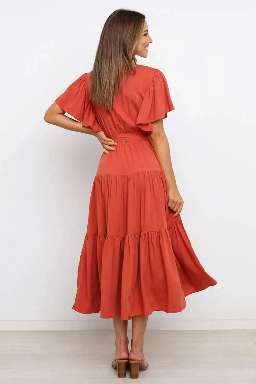 Tied Tiered Short Sleeve Midi Dress in - photo