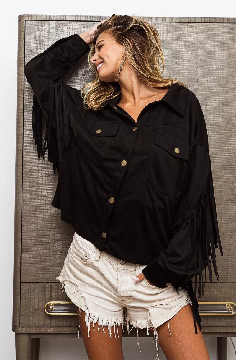 BiBi Suede Fringe Long Sleeve Jacket in - photo