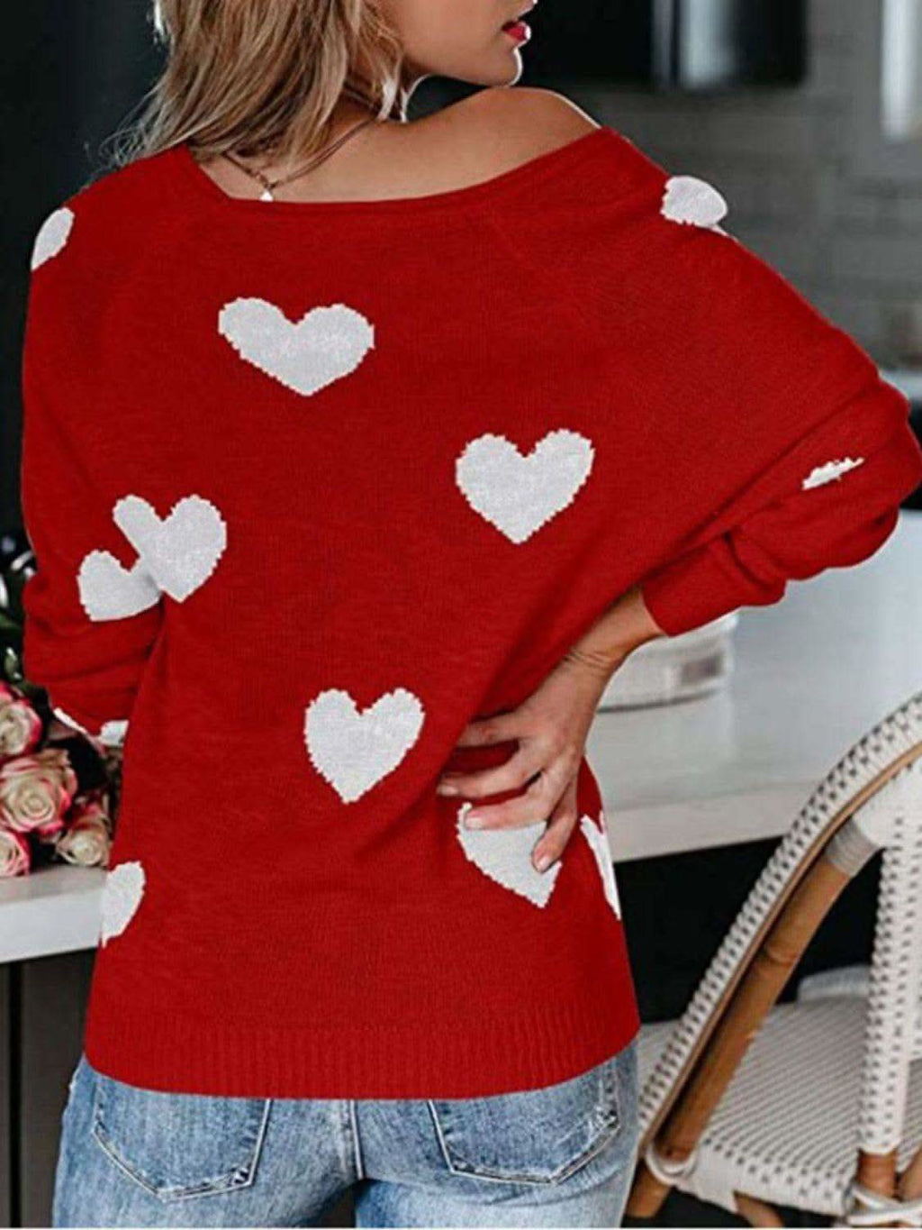 Heart Scoop Neck Long Sleeve Sweater in - photo