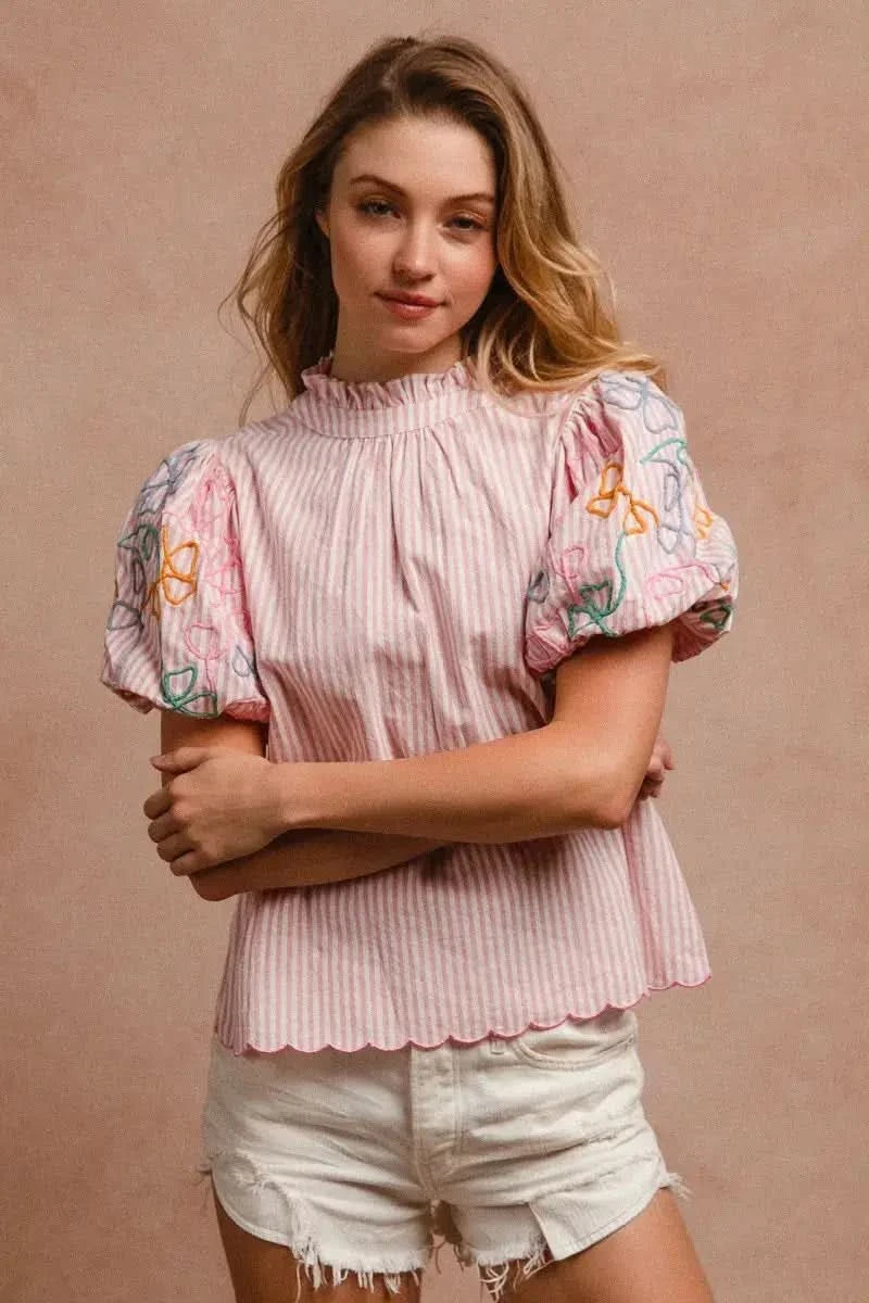 BiBi Embroidery Bubble Sleeve Top With Bottom Scallop Detail in - photo