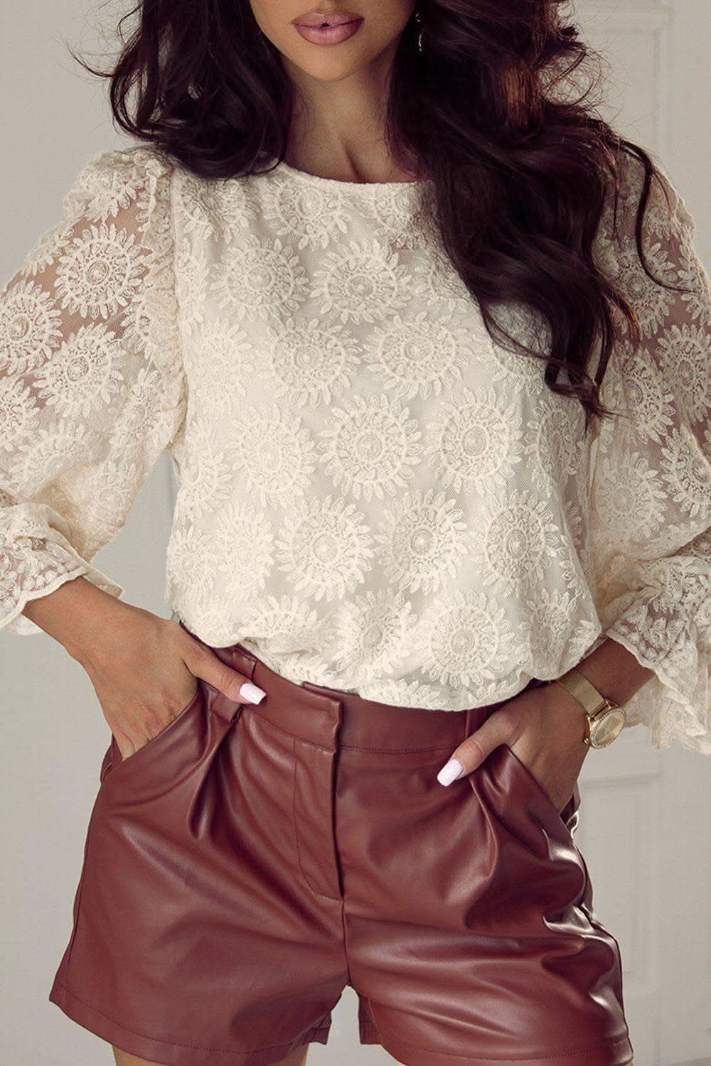 Flower Jacquard Flounce Sleeve Blouse - SwagglyLife Home & Fashion