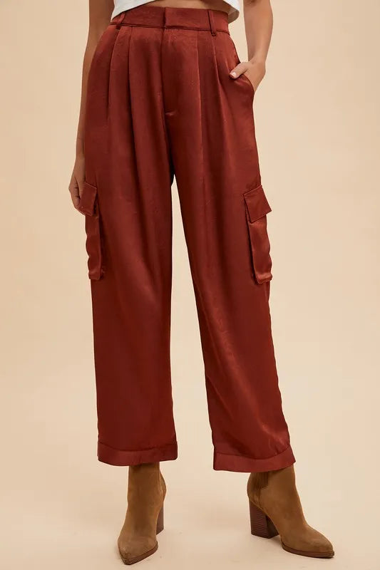 Annie Wear Wide Leg Cargo Satin Pants in Burgundy - photo