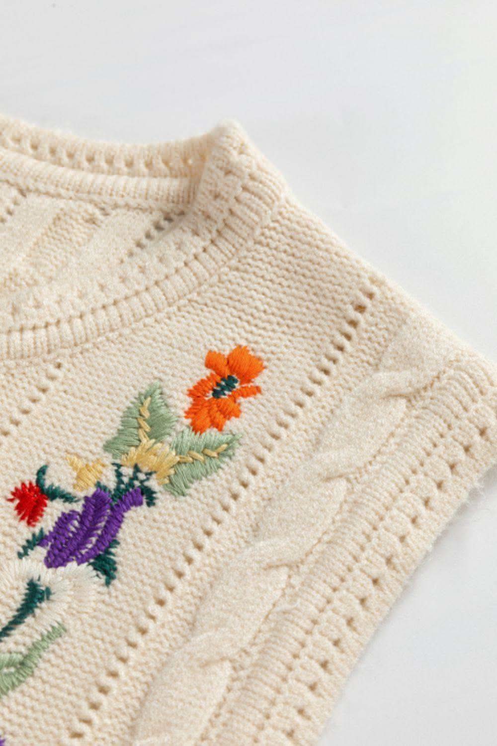 Embroidered Cable-Knit Round Neck Sweater Vest in - Sweaters photo