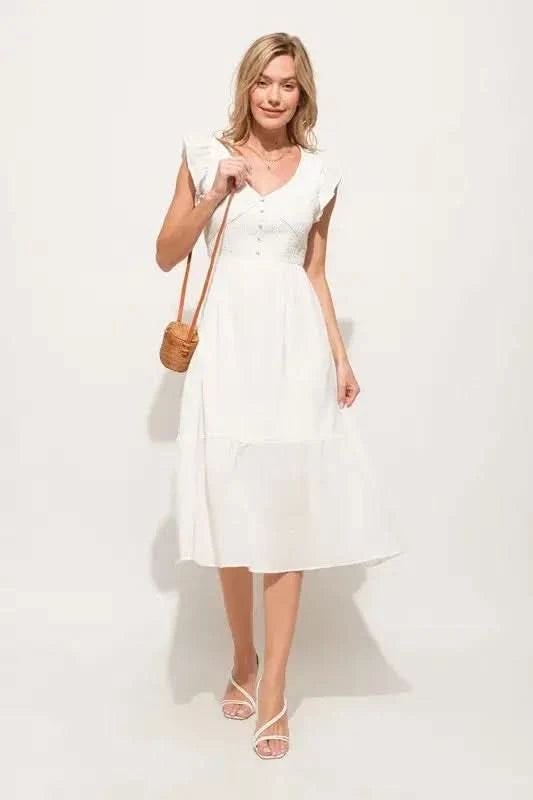 And The Why Ruffle Sleeve Front Smocked Tiered Midi Dress in - photo