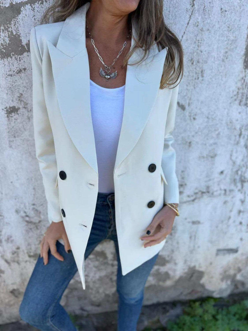 Full Size Collared Neck Long Sleeve Blazer in Ivory - Coats & Jackets photo
