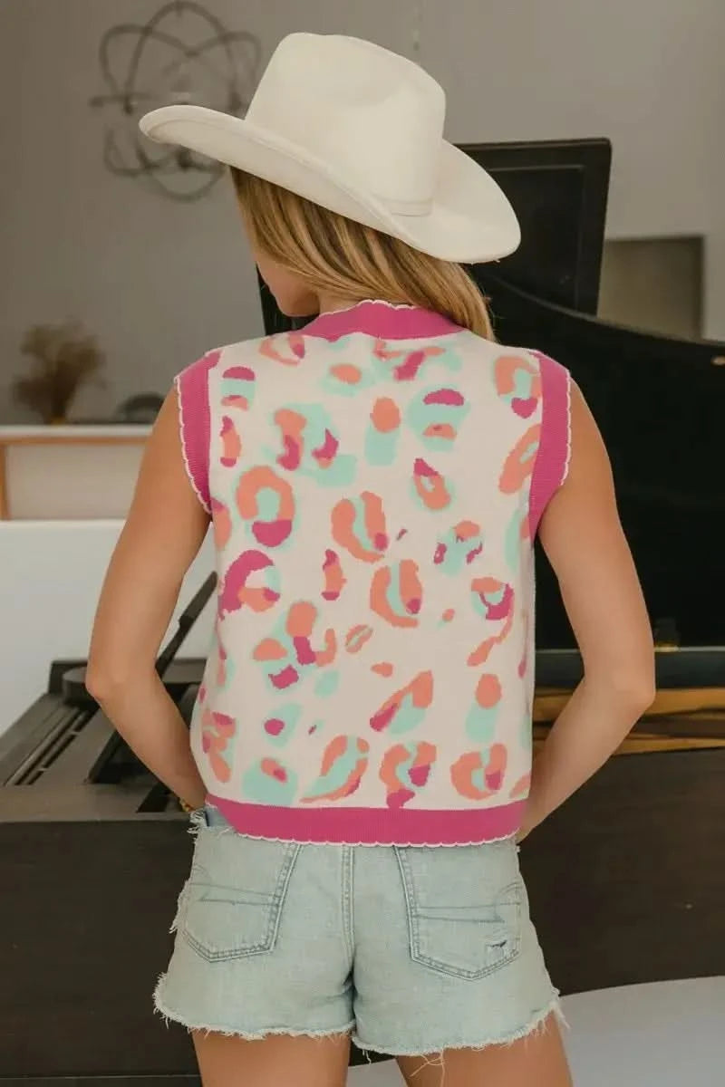 BiBi Leopard Sweater Vest With Front Tie and Scallop Detail - SwagglyLife Home & Fashion
