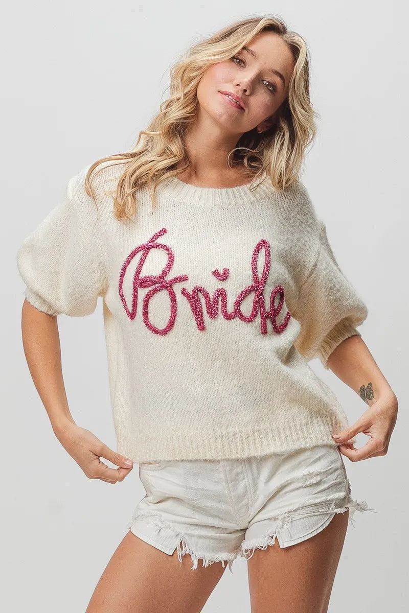 BiBi Metallic Letter Short Puff Sleeve Hairy Sweater in - photo