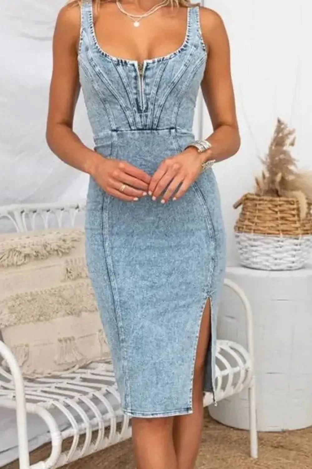 Side Slit Washed Scoop Neck Denim Dress - SwagglyLife Home & Fashion