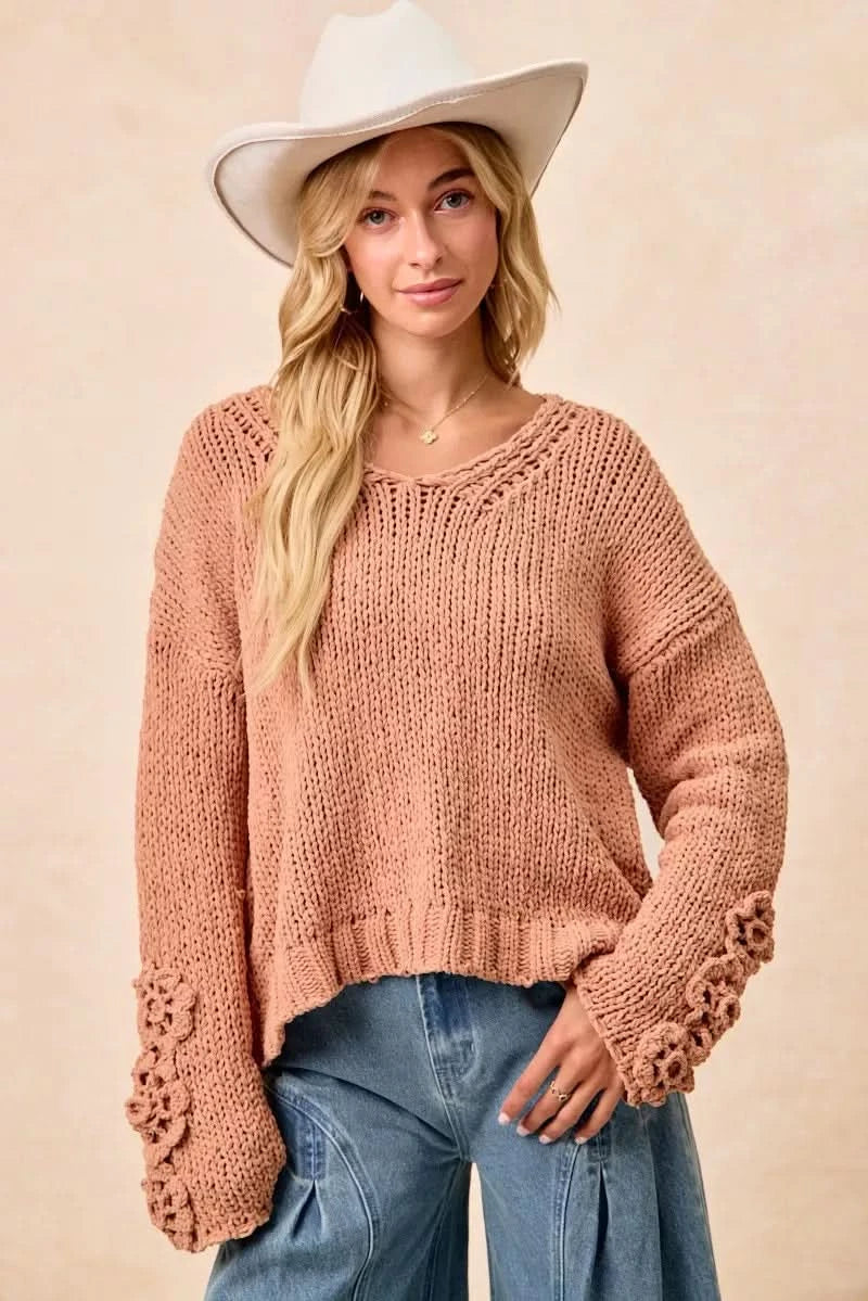 BiBi Chunky Knit Sweater with Flower Detail Sleeves in - photo