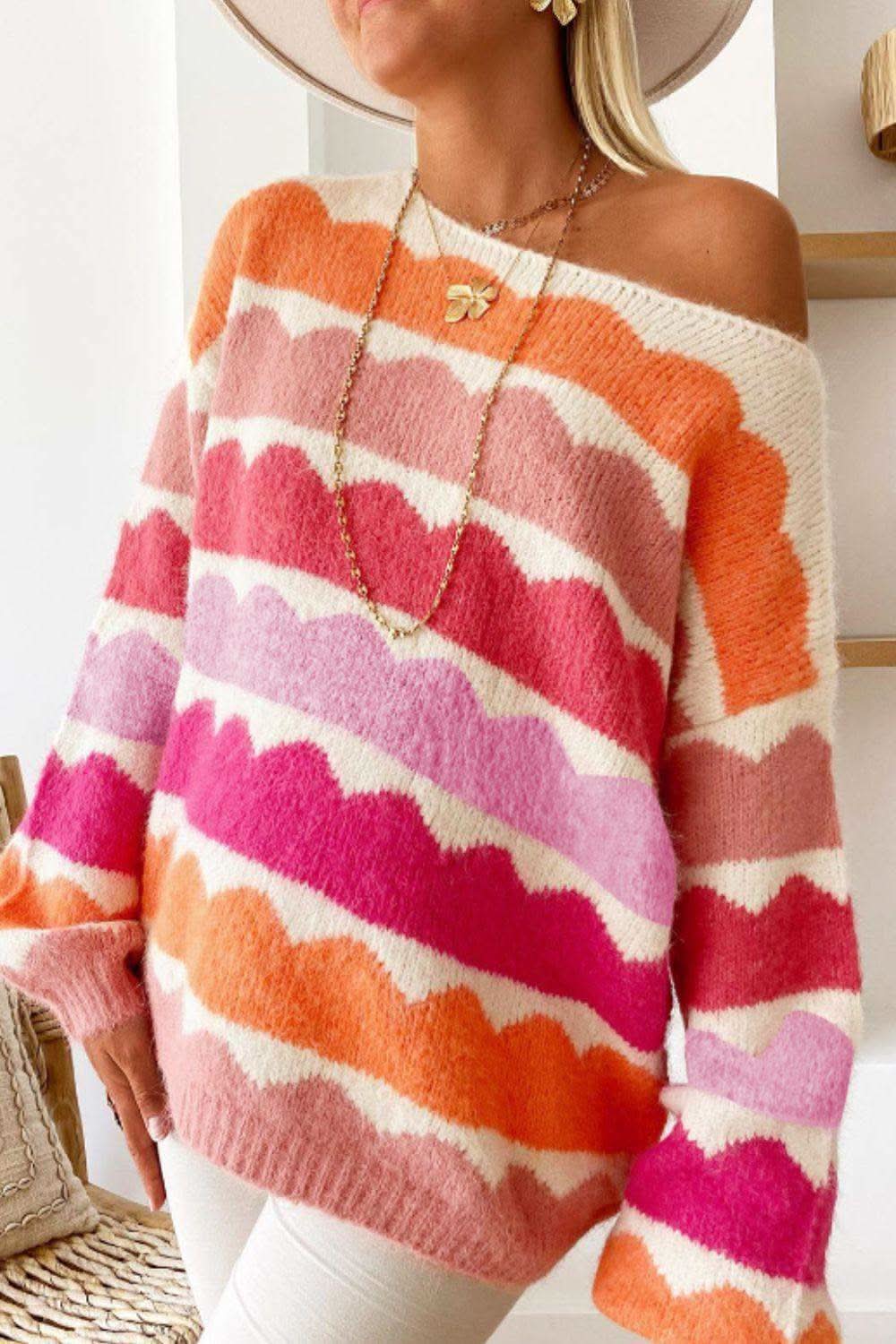 Contrast Boat Neck Long Sleeve Sweater in - Sweaters photo