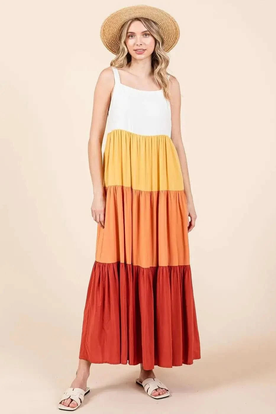 Mittoshop Color Block Tiered Pull-On Maxi Dress in APRICOT MULTI - photo