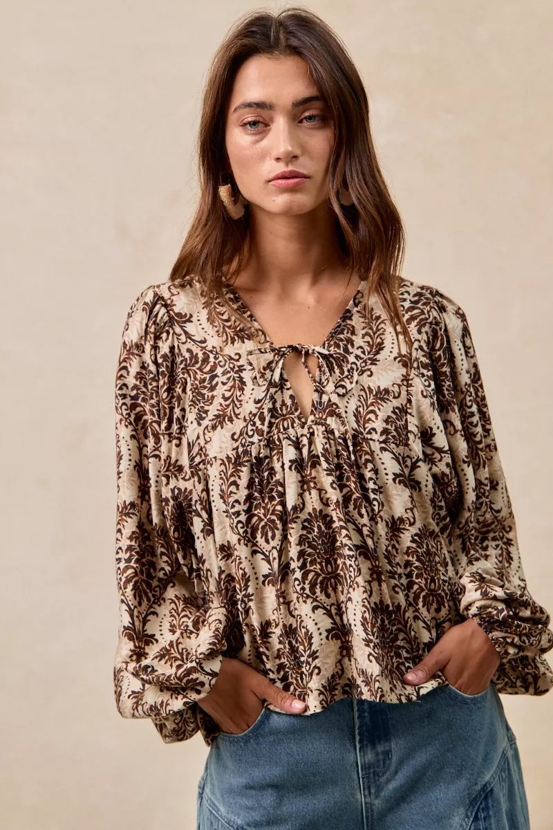 BiBi Printed Woven Front Tied Blouse with Baloon Sleeve in - photo