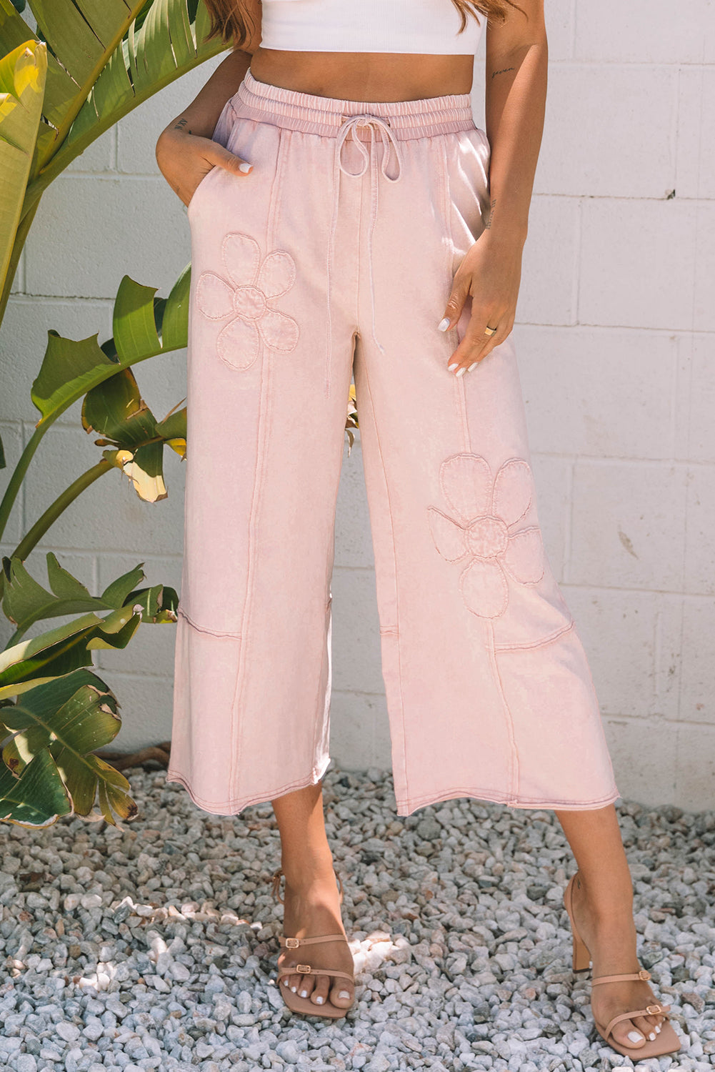 Gabriella Mineral Washed Terry Knit Cropped Wide Leg Pants in Pink - Bottoms/Pants & Culotte photo