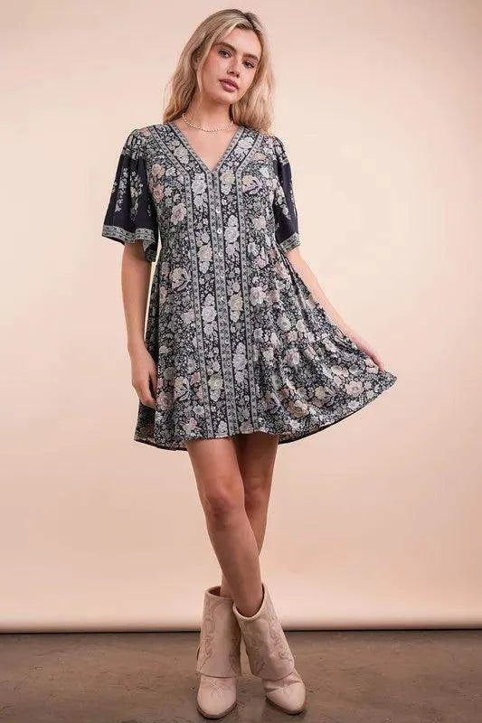VERY J Shirring Detail Printed Woven Mini Dress in Navy Mix - Dresses photo