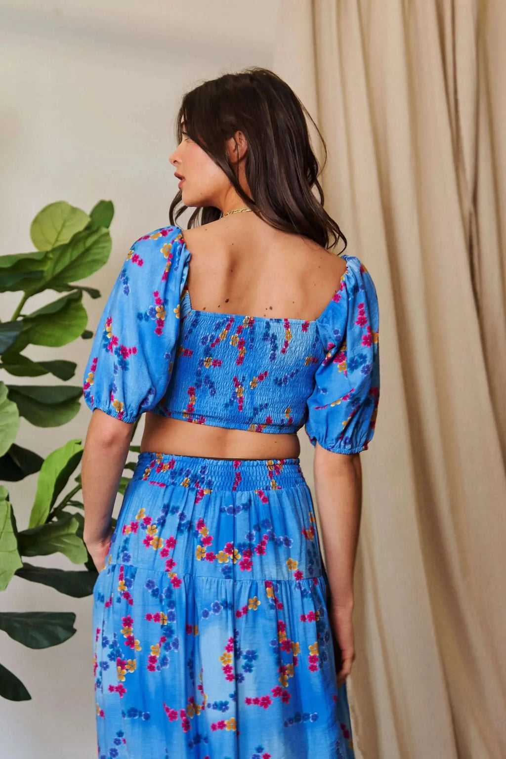 Davi & Dani Smocing Bodice Puff Short Sleeve Printed Crop Top - SwagglyLife Home & Fashion