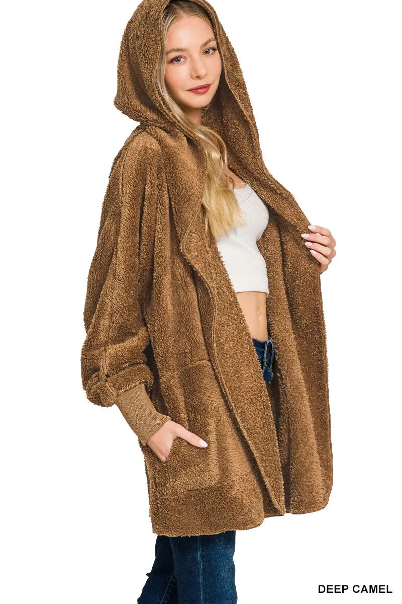 Zenana Hooded Faux Fur Jacket with Pockets in - photo