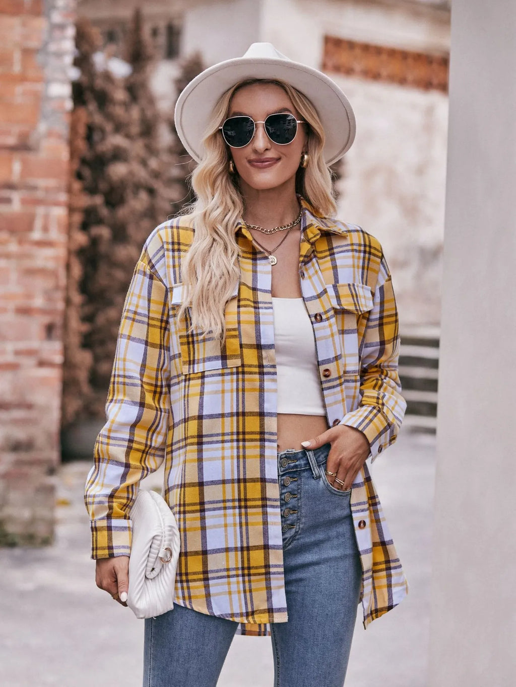Plaid Button-Down Long Sleeve Shirt in Yellow - photo