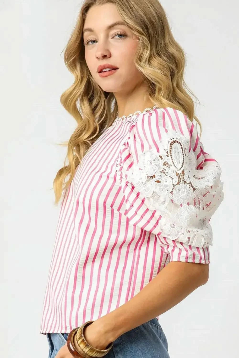 Umgee Striped Lace Puff Sleeve Blouse - SwagglyLife Home & Fashion