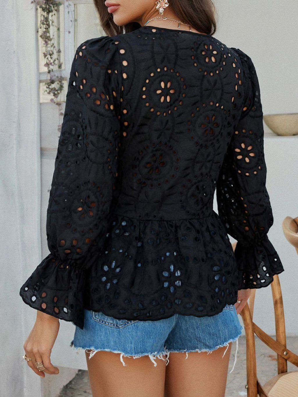 Devine Tie Front Flounce Sleeve Peplum Blouse in - Blouses photo