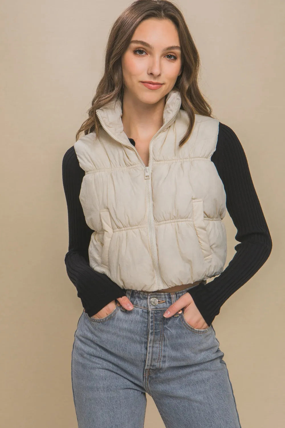 Love Tree Zip Up Turtleneck Cropped Vest Coat in Cream - photo
