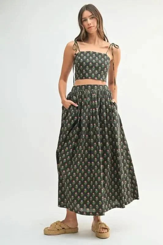 MABLE Floral Crop Top and Skirt Set in Black - photo