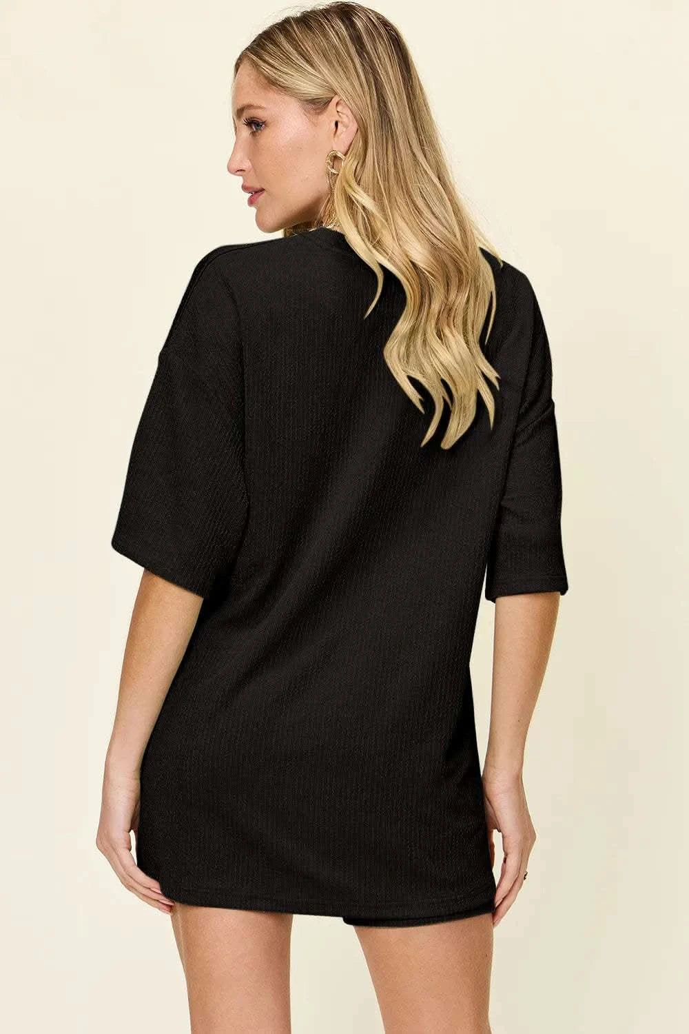 Double Take Full Size Texture Round Neck Drop Shoulder T-Shirt and Shorts Set - SwagglyLife Home & Fashion