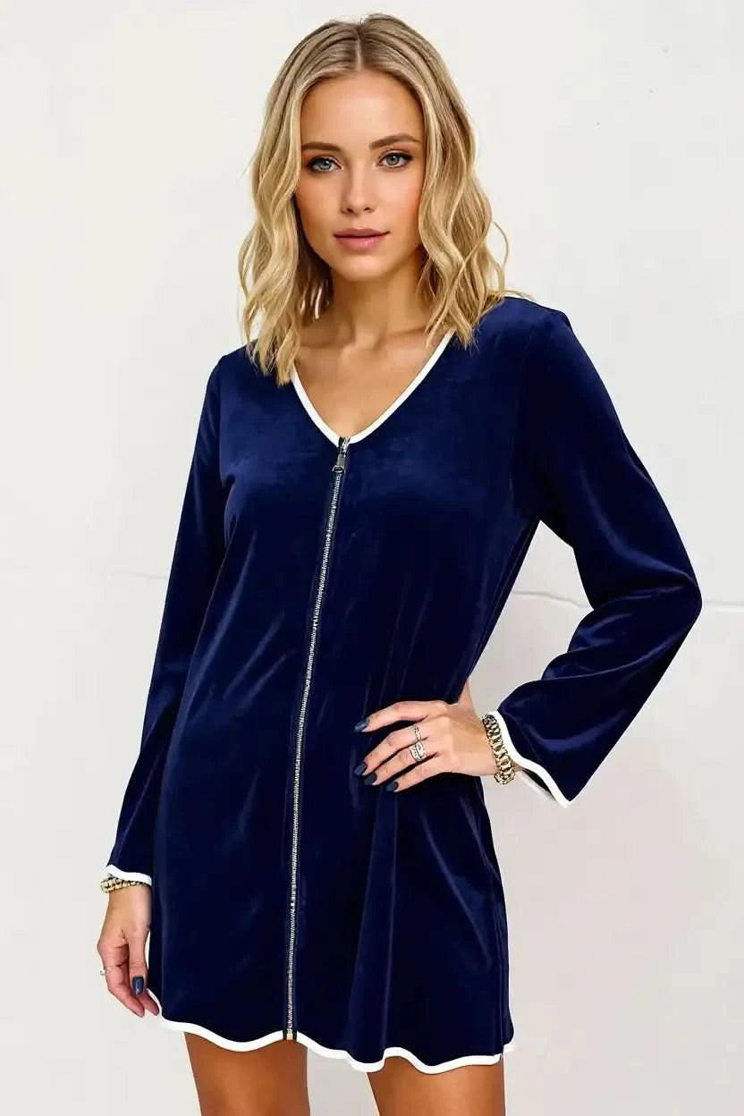 Double Take Wave Contrast Trim V-Neck Zip Up Long Sleeve Mini Dress in Navy - photo