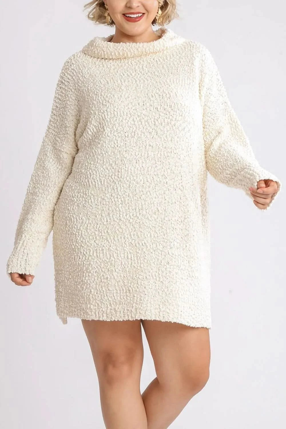 Umgee Full Size High Low Long Sleeve Boucle Sweater Dress Plus Size in - photo