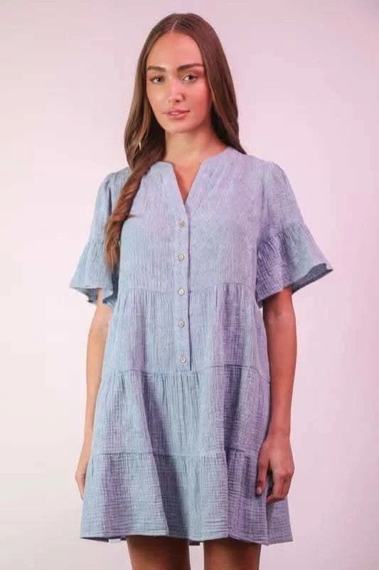 VERY J Mineral Washed Baby Bell Sleeve Woven Mini Dress in Denim - photo