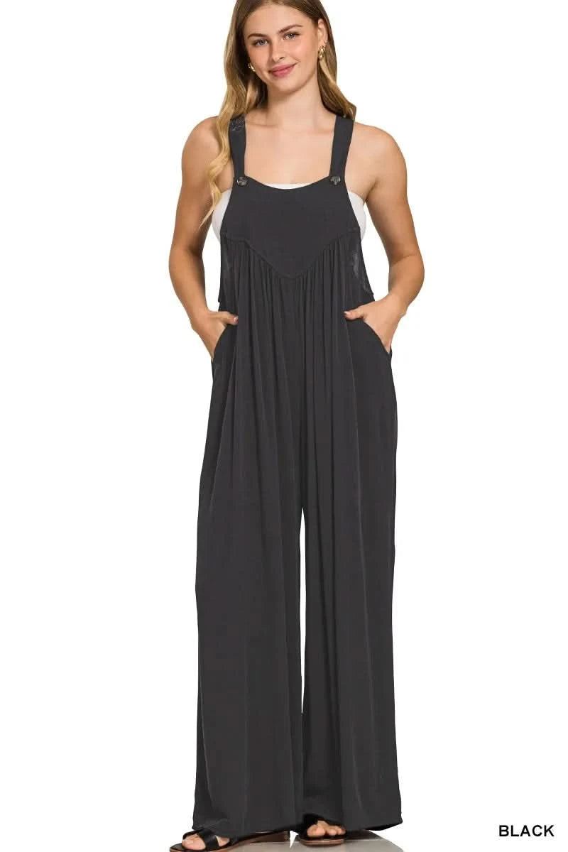 Zenana Woven Rayon Crepe Wide Leg Overalls in BLACK - photo