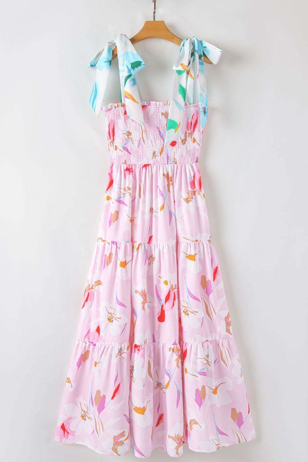 Floral Print Knotted Shoulder Smocked Maxi Dress in - Dresses photo