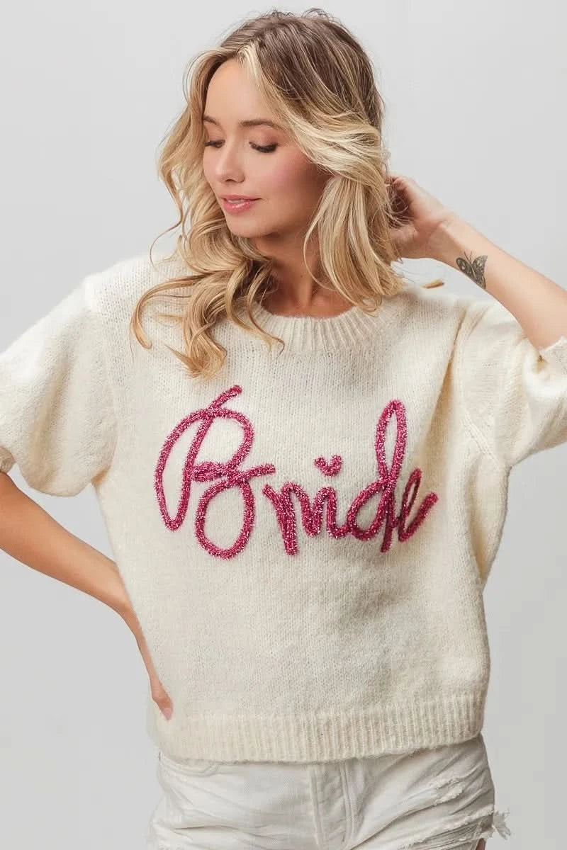 BiBi Metallic Letter Short Puff Sleeve Hairy Sweater in - photo