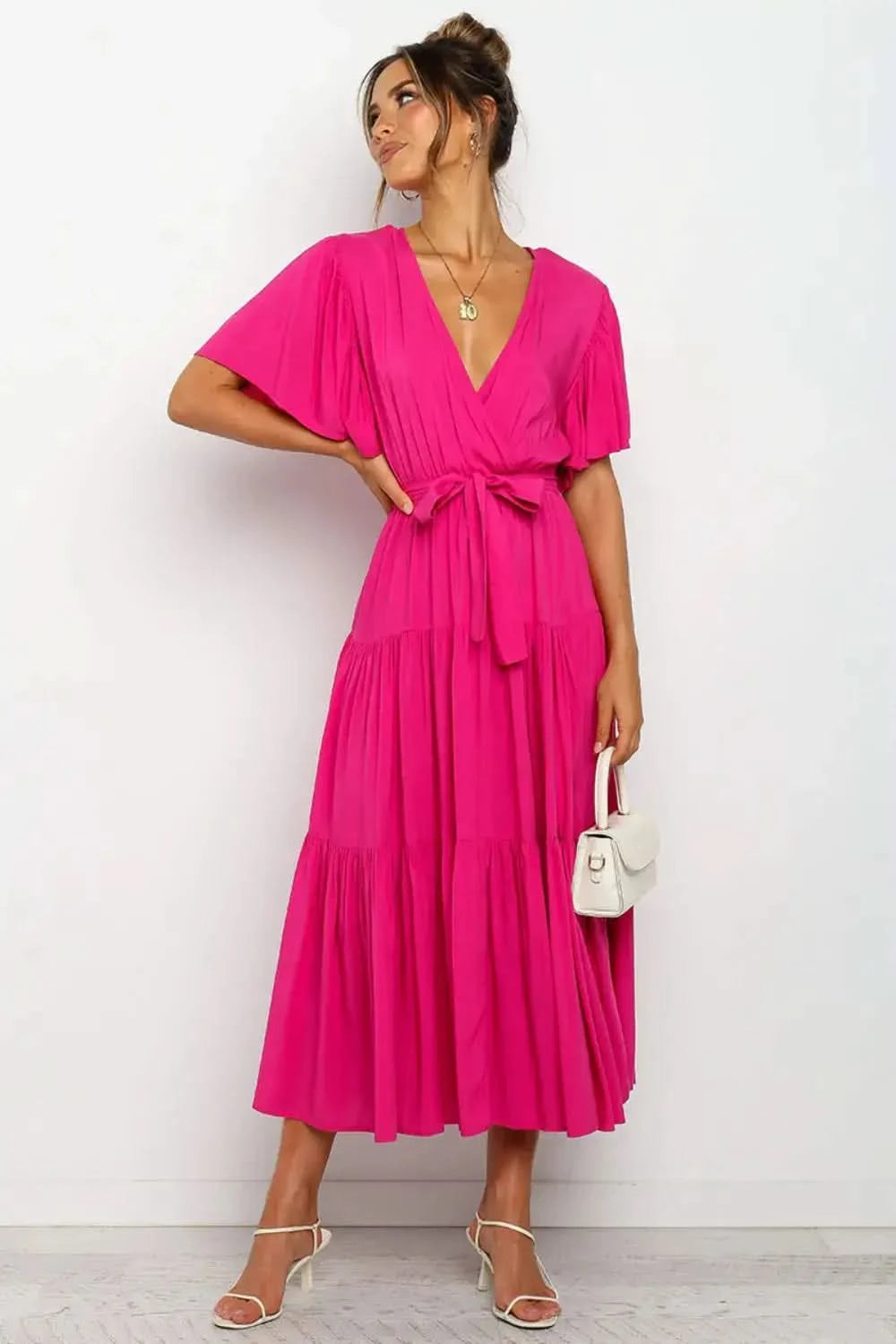 Tied Tiered Short Sleeve Midi Dress in Hot Pink - photo