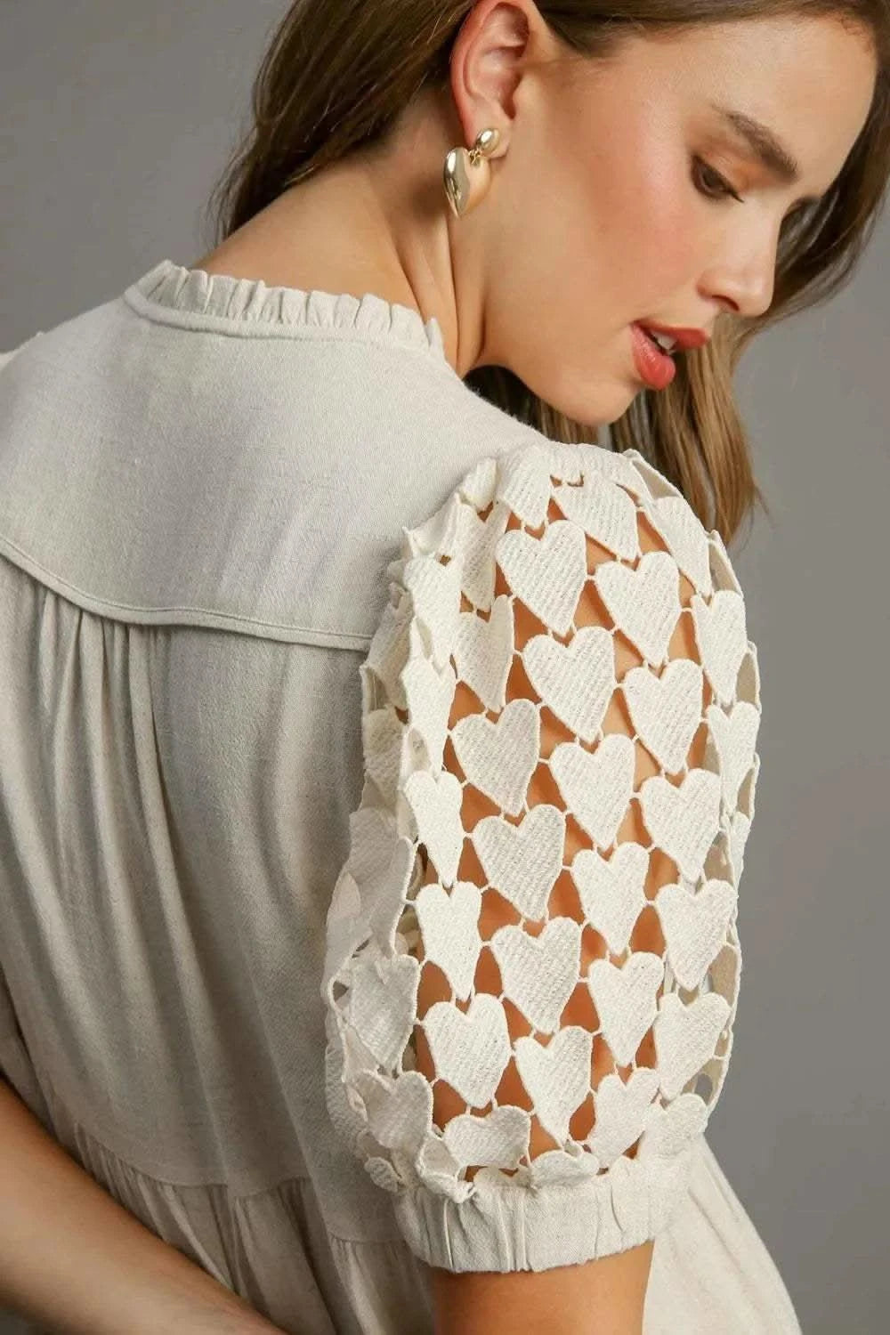 Umgee Full Size Ruffled Hem Heart Lace Sleeve Tie Neck Dress Plus Size in - photo