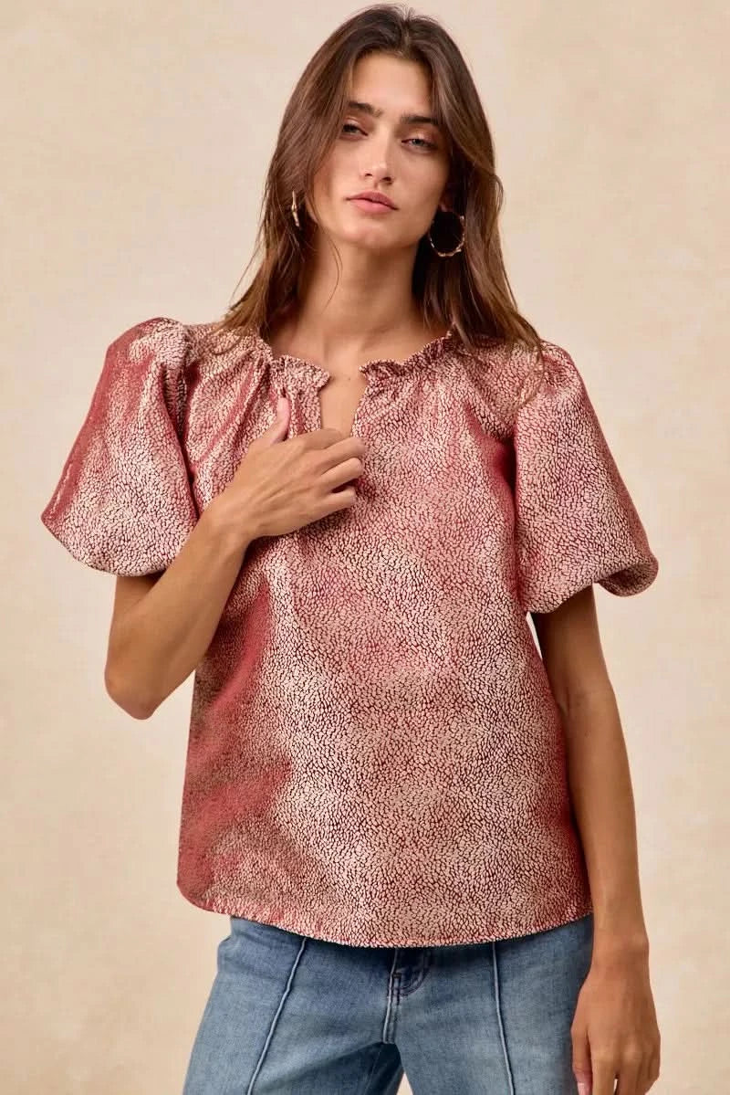 BiBi Jacquard Woven Short Balloon Sleeves V Neck Top in - photo