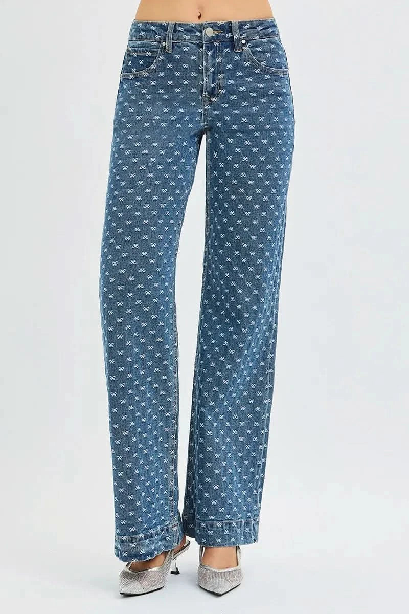 RISEN High Rise Wide Leg Bow Embroidered Jeans in - photo