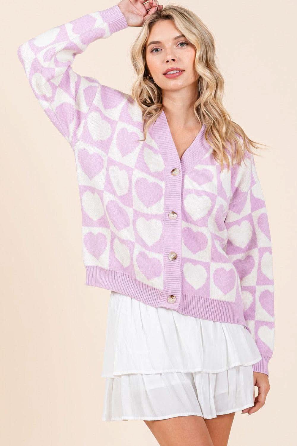 Mittoshop Checkered Heart Button Down Cardigan in Lilac - Cardigans photo