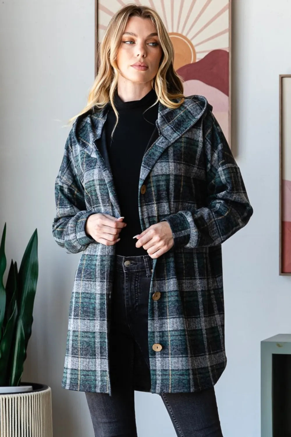 Heimish Plaid Button Down Long Sleeve Hooded Cardigan - SwagglyLife Home & Fashion