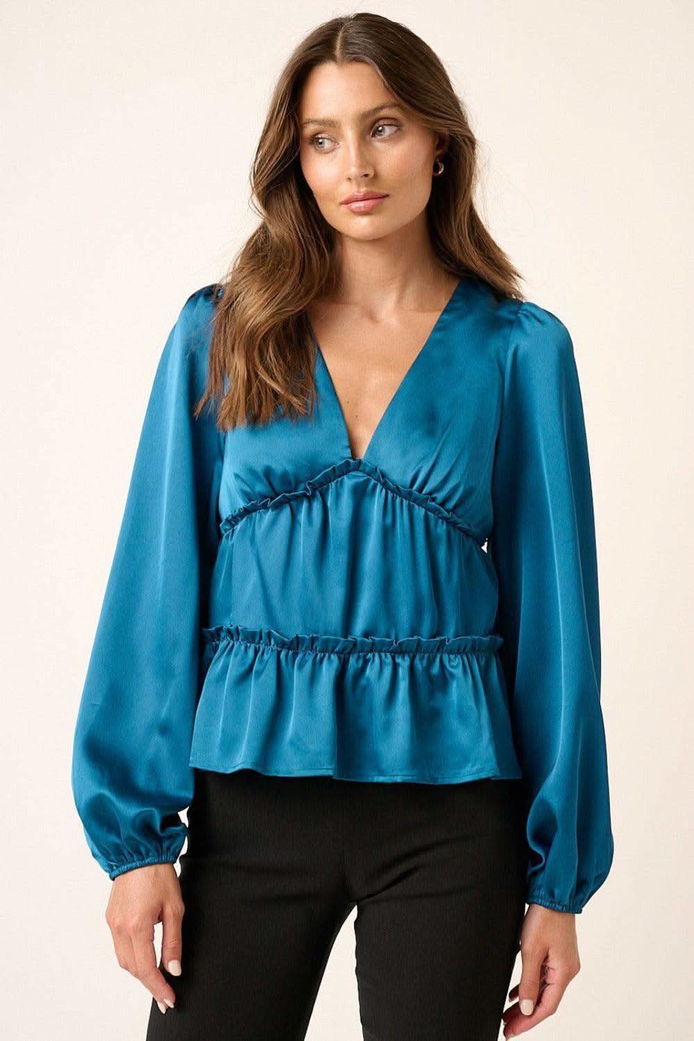 Mittoshop Satin V Neck Ruffled Tier Blouse - SwagglyLife Home & Fashion
