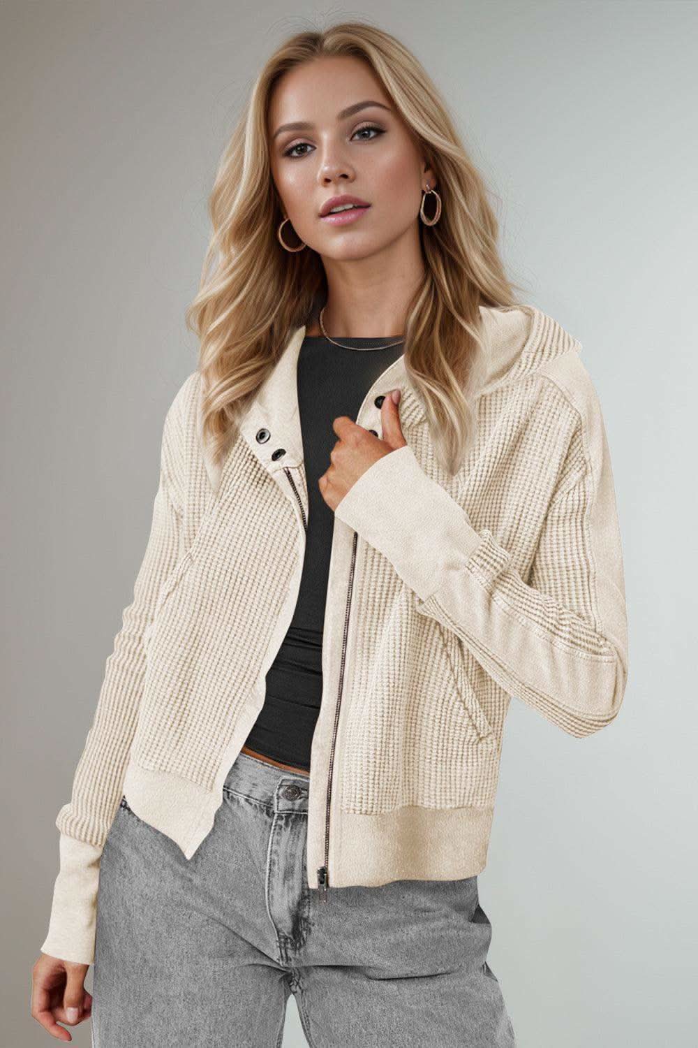 Double Take Waffle-Knit Zip Up Long Sleeve Hooded Jacket in Beige - photo