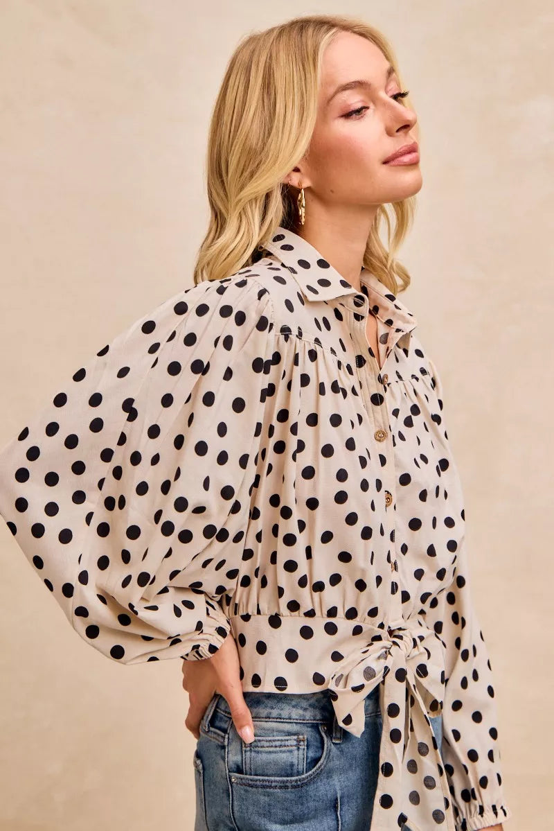 BiBi Polka Dot Print Tie Hem Detail Crop Shirt in - photo