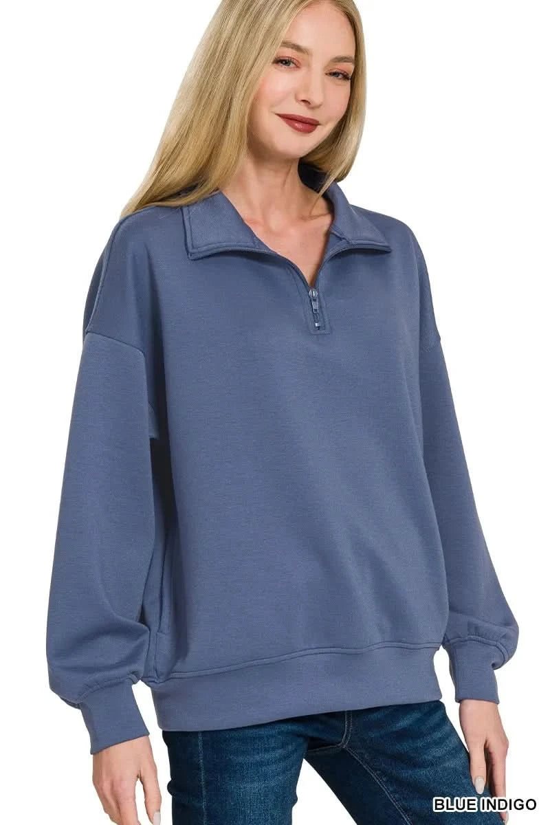 Zenana Scuba Quarter-Zip Sweatshirt in BLUE INDIGO - photo
