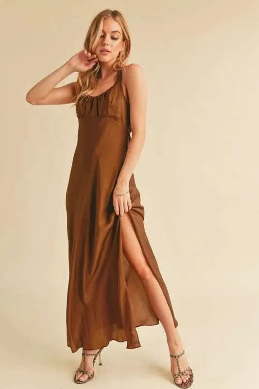 Aemi + Co Ruched Side Slit Cutout Back Maxi Cami Dress - SwagglyLife Home & Fashion