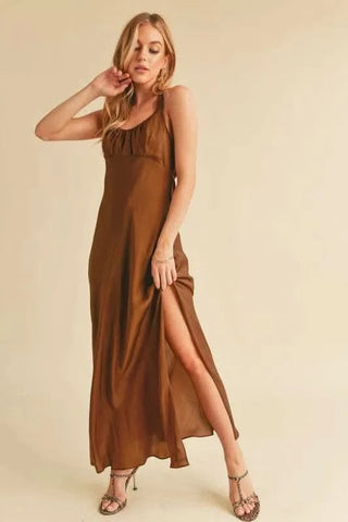 Aemi + Co Ruched Side Slit Cutout Back Maxi Cami Dress - SwagglyLife Home & Fashion Aemi + Co Ruched Side Slit Cutout Back Maxi Cami Dress - SwagglyLife Home & Fashion