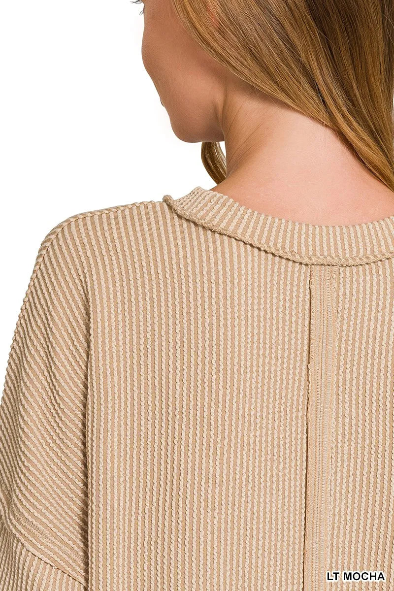 Zenana Long Sleeve Drop Shoulder Rib Top - SwagglyLife Home & Fashion