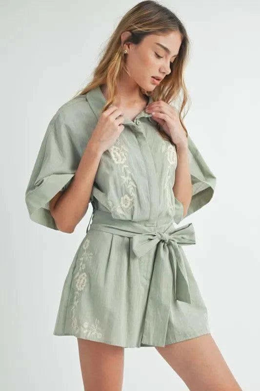 MABLE Embroidered Button Down Collared Neck Romper in - photo