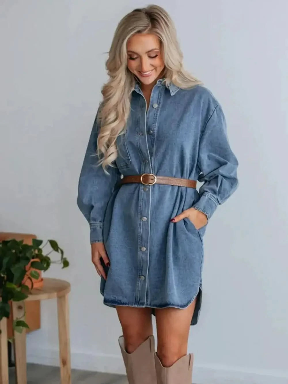 Button Up Collared Neck Long Sleeve Denim Dress - SwagglyLife Home & Fashion Button Up Collared Neck Long Sleeve Denim Dress - SwagglyLife Home & Fashion