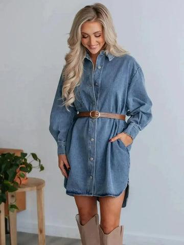 Button Up Collared Neck Long Sleeve Denim Dress - SwagglyLife Home & Fashion Button Up Collared Neck Long Sleeve Denim Dress - SwagglyLife Home & Fashion